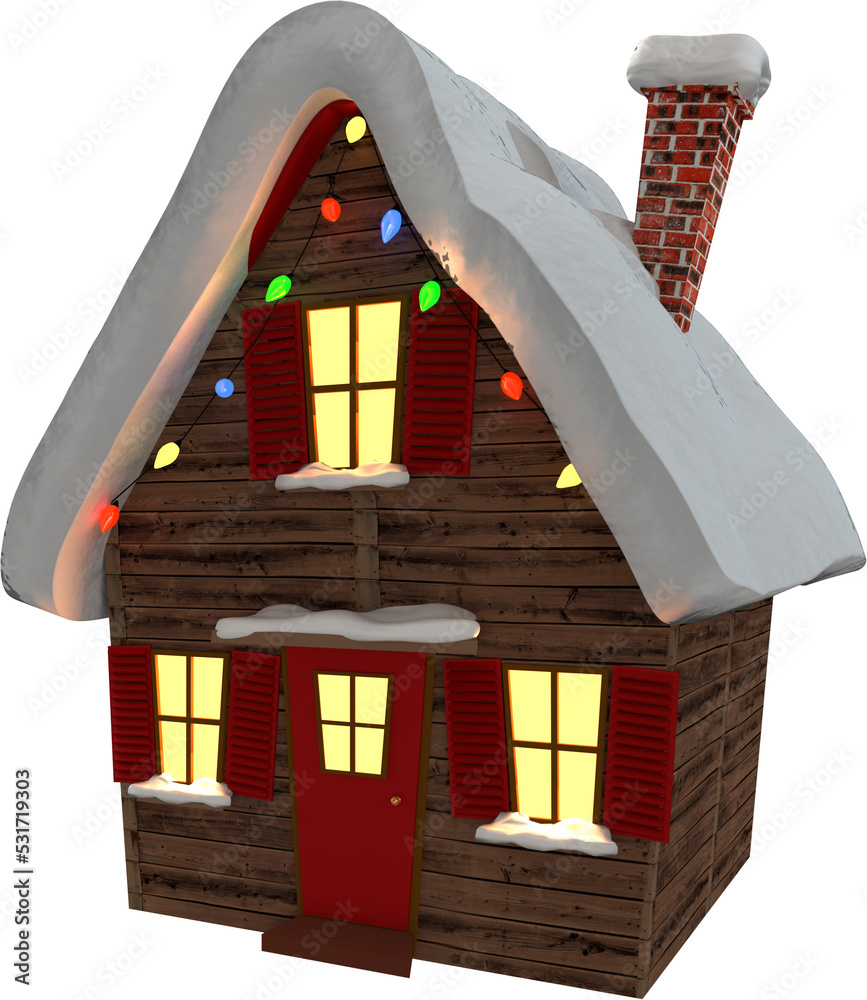 Vertical image of snow covered cottage with lights on and colourful christmas fairy lights