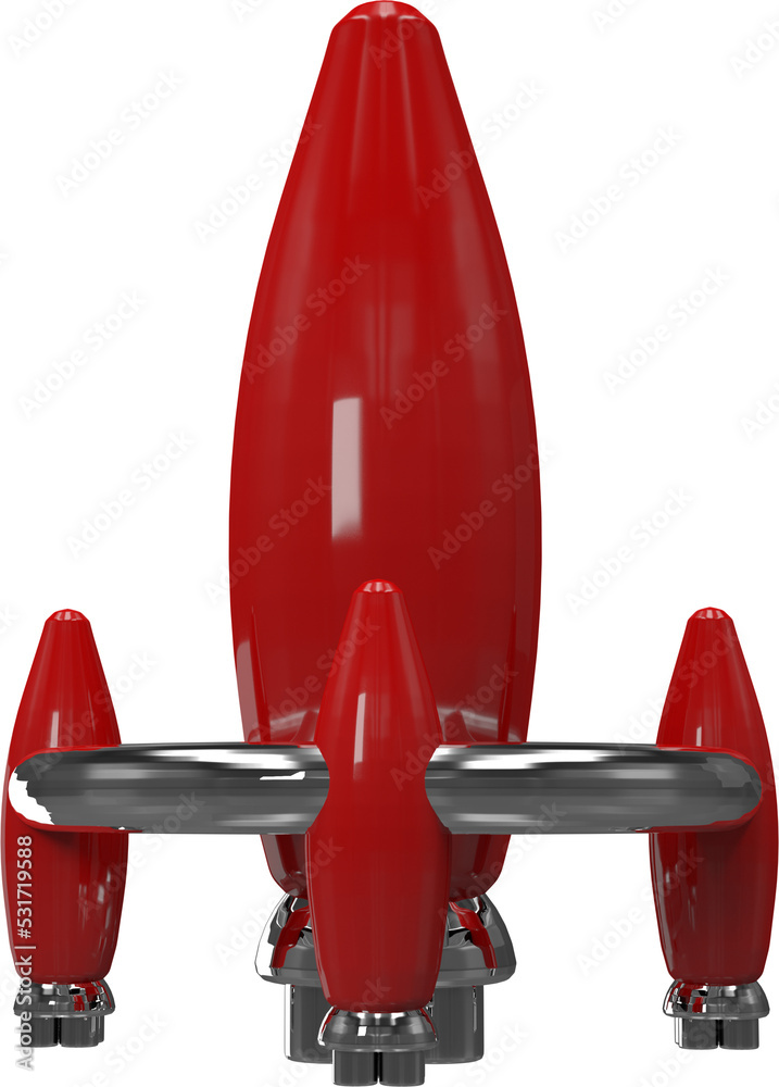 Vertical image of shiny silver and red retro space rocket with blue nose cone