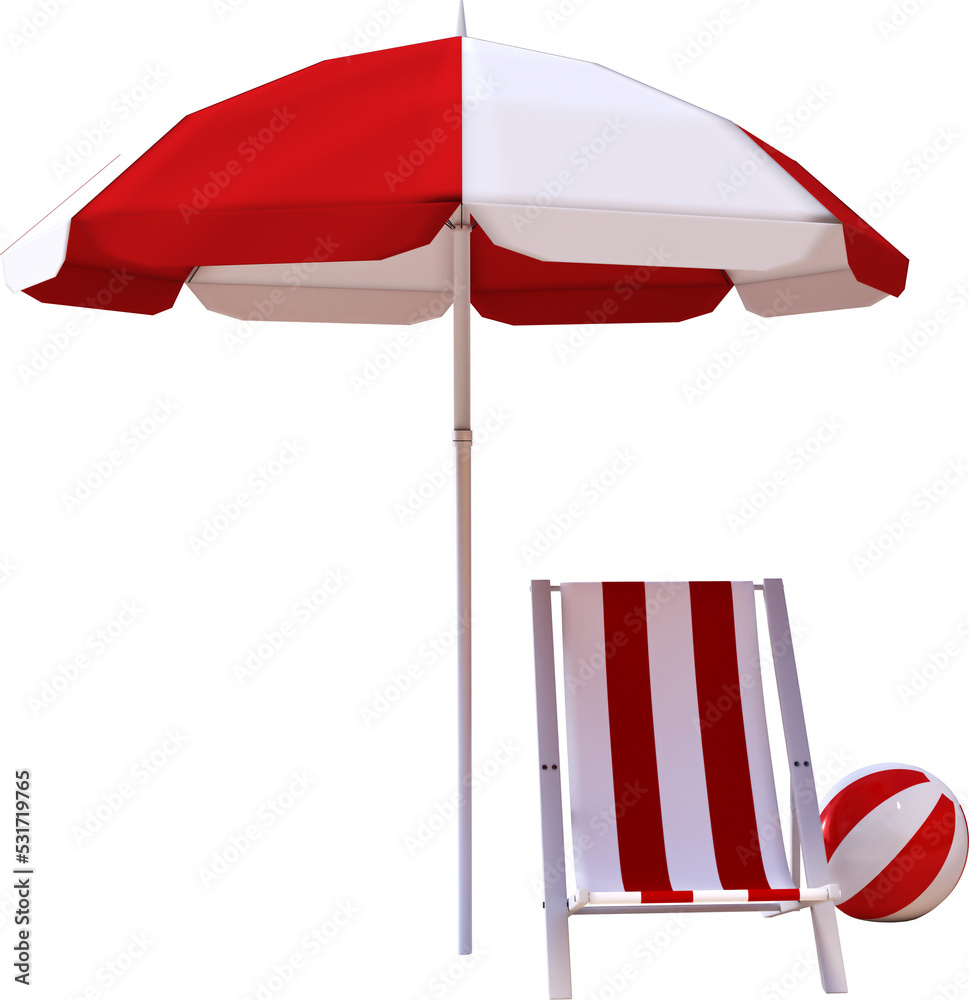 Vertical image of red and white deckchair, beach umbrella and beach ball