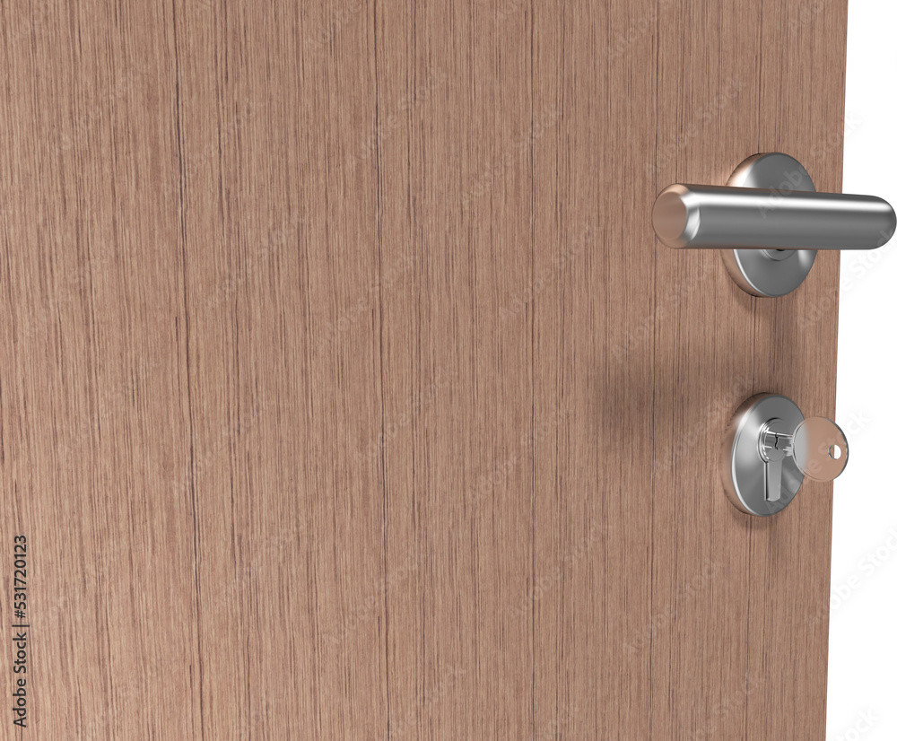 Image of key inserted in door lock of wooden door with metal handle