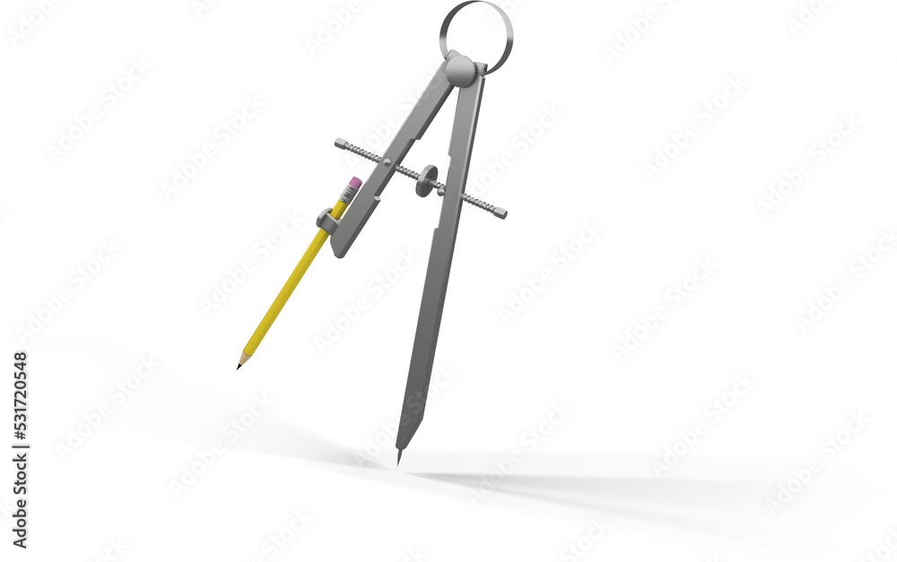 Image of metal geometry compass drawing curve with yellow pencil