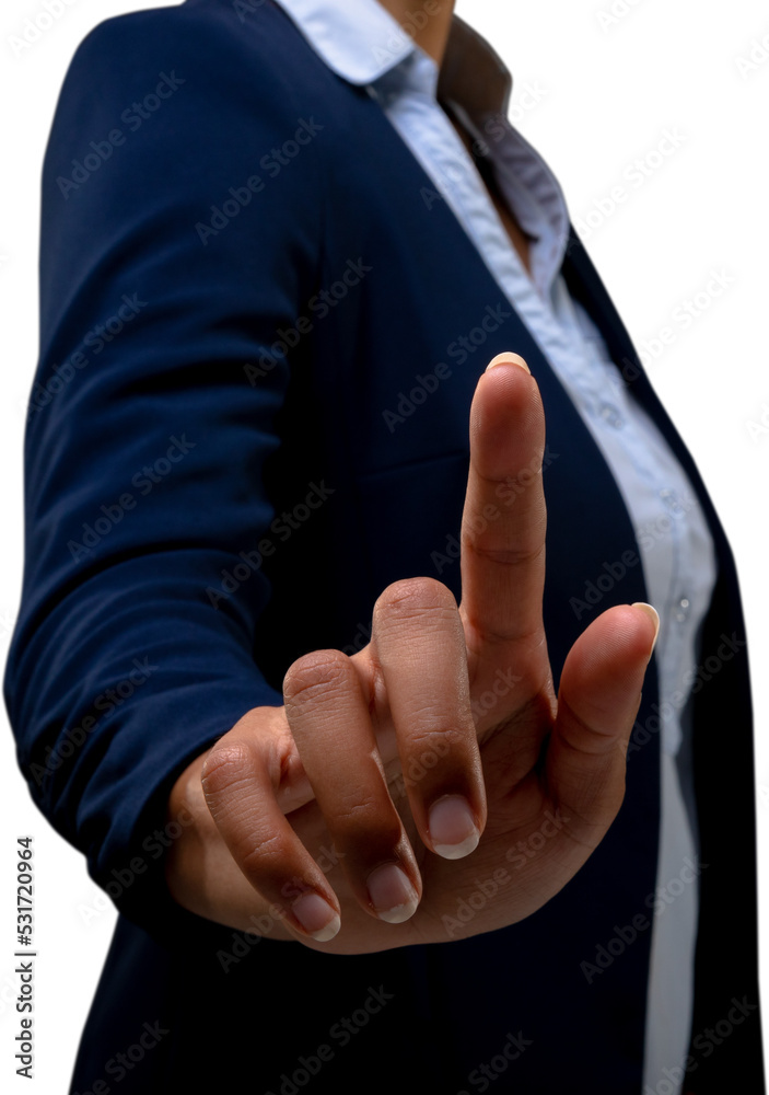 Vertical image of midsection of biracial businesswoman pointing with finger extended