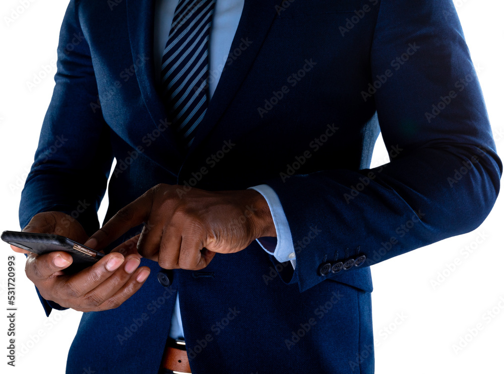 Image of midsection of african american businessman using smartphone touchscreen