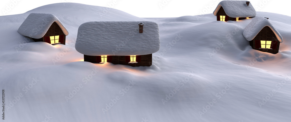 圣诞节期间，在白雪覆盖的冬季景观中，四间开着灯的小屋的图像