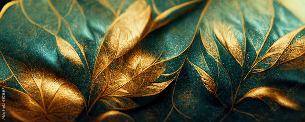 Spectacular realistic detailed veins and half green and gold abstract close-up, leaf covered with go