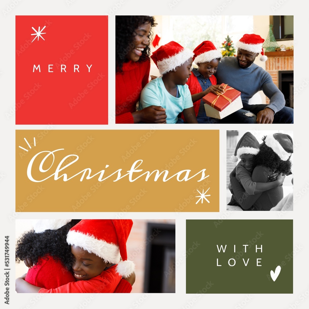 Composition of merry christmas text over african american family with presents