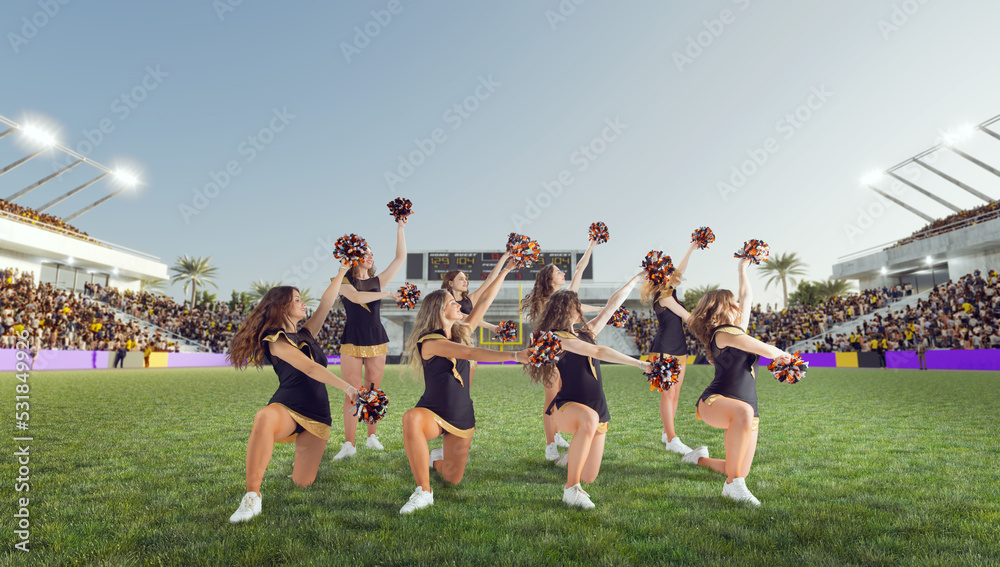 Group of cheerleaders in action on  stadium