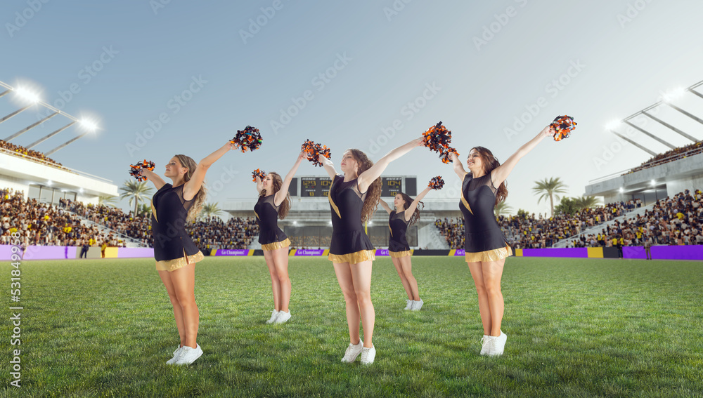 Group of cheerleaders in action on  stadium