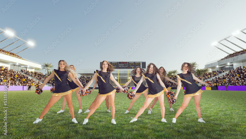 Group of cheerleaders in action on  stadium