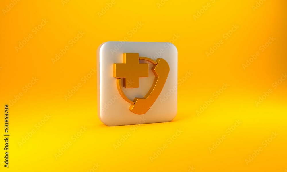 Gold Emergency phone call to hospital icon isolated on yellow background. Silver square button. 3D r