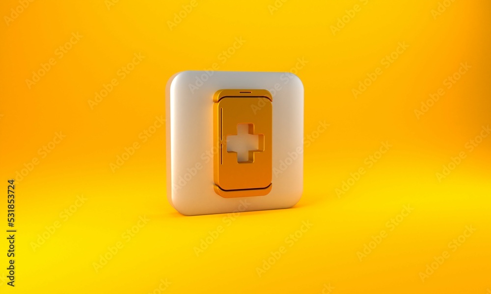 Gold Emergency mobile phone call to hospital icon isolated on yellow background. Silver square butto