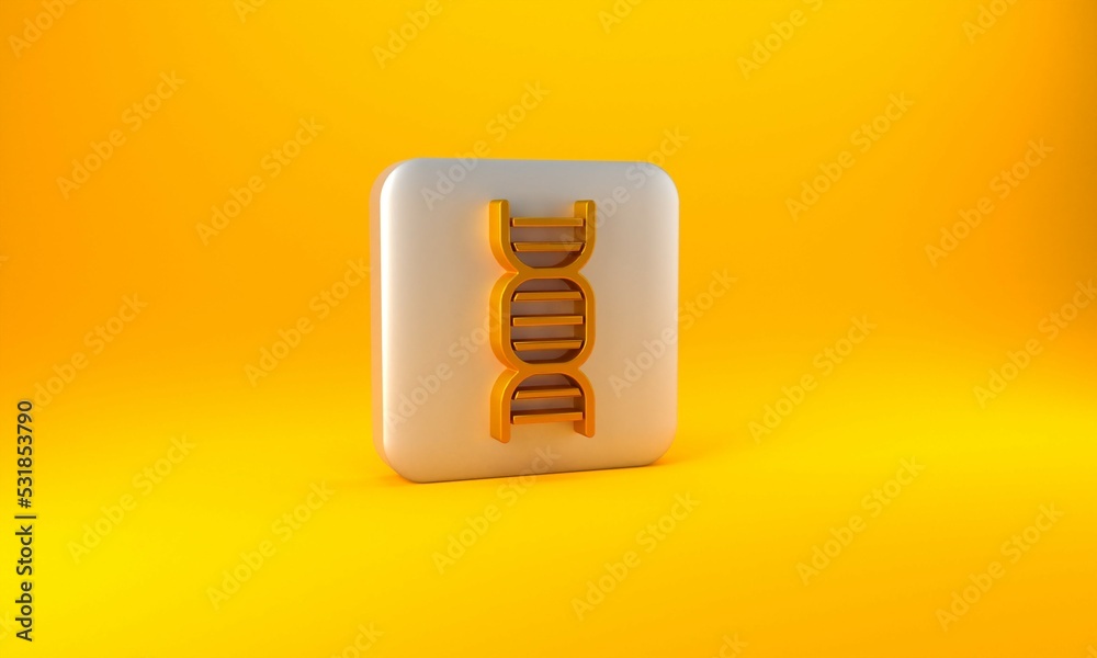 Gold DNA symbol icon isolated on yellow background. Silver square button. 3D render illustration