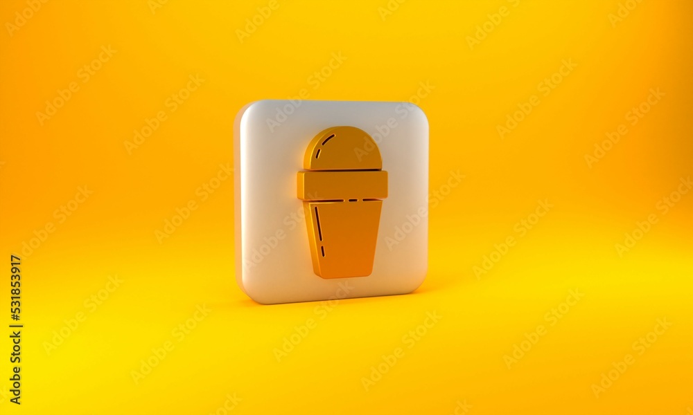 Gold Ice cream in waffle cone icon isolated on yellow background. Sweet symbol. Silver square button