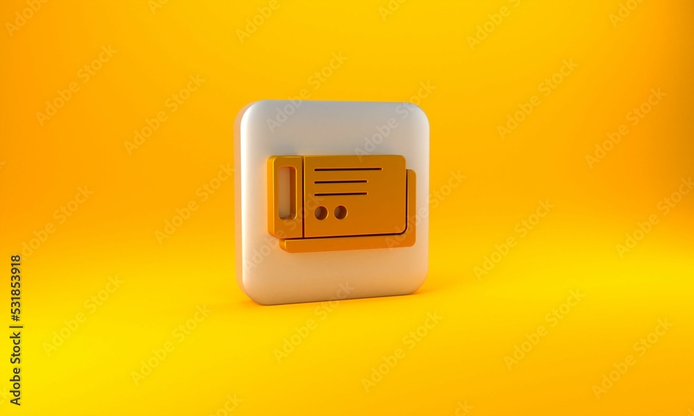 Gold Travel ticket icon isolated on yellow background. Train, ship, plane, tram, bus transport. Trav