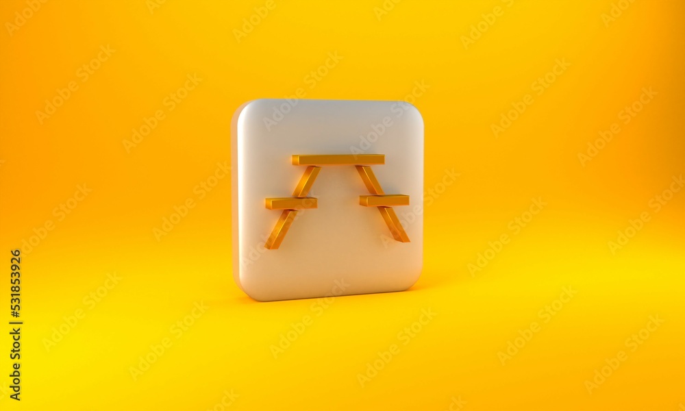 Gold Picnic table with benches on either side of the table icon isolated on yellow background. Silve