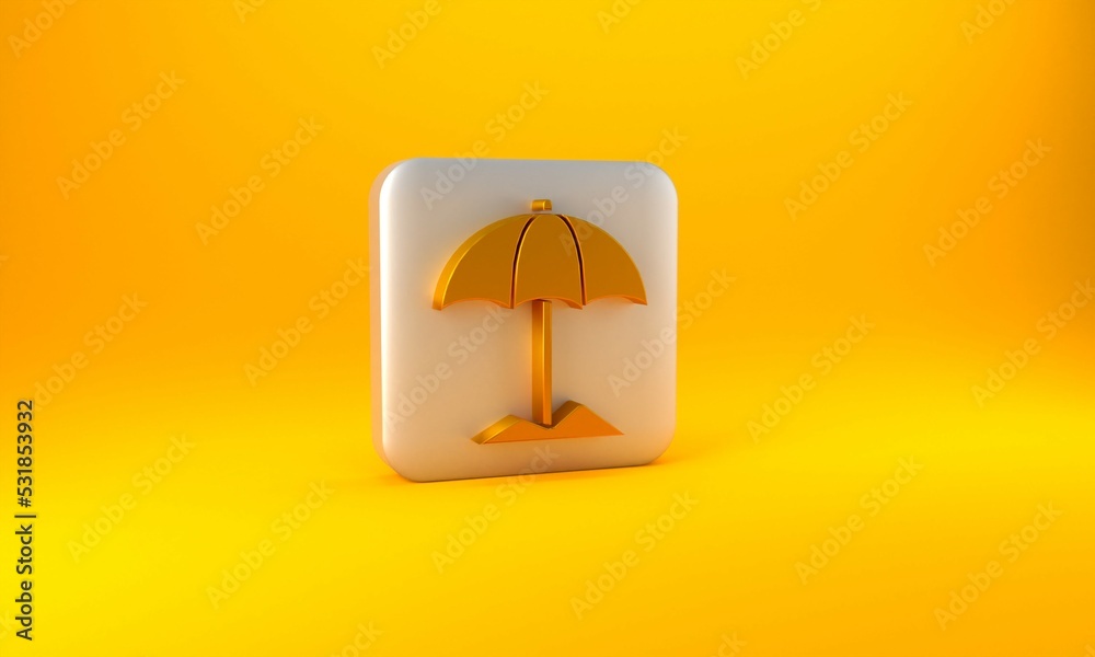 Gold Sun protective umbrella for beach icon isolated on yellow background. Large parasol for outdoor