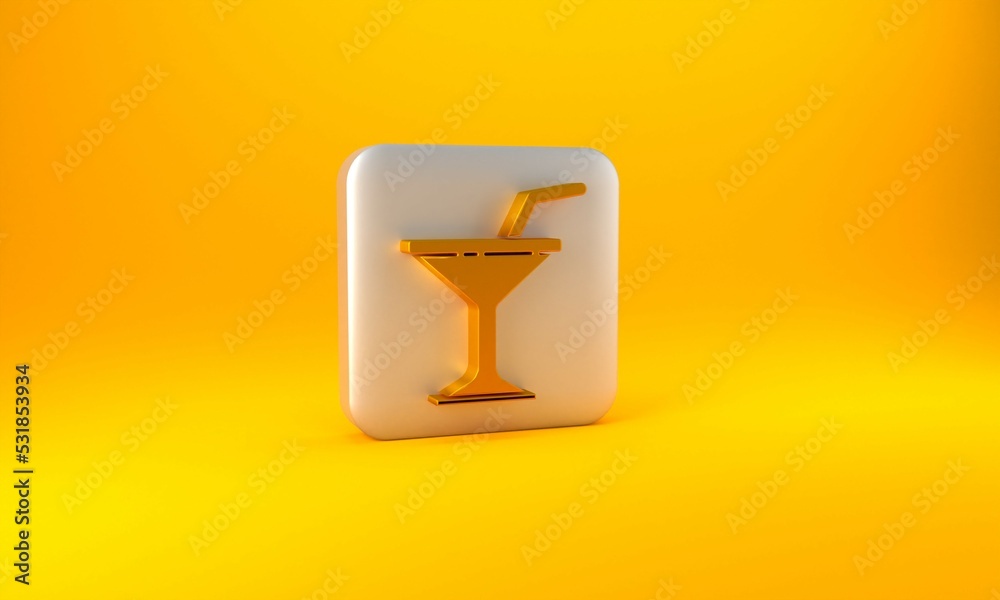 Gold Martini glass icon isolated on yellow background. Cocktail icon. Wine glass icon. Silver square