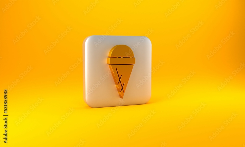 Gold Ice cream in waffle cone icon isolated on yellow background. Sweet symbol. Silver square button