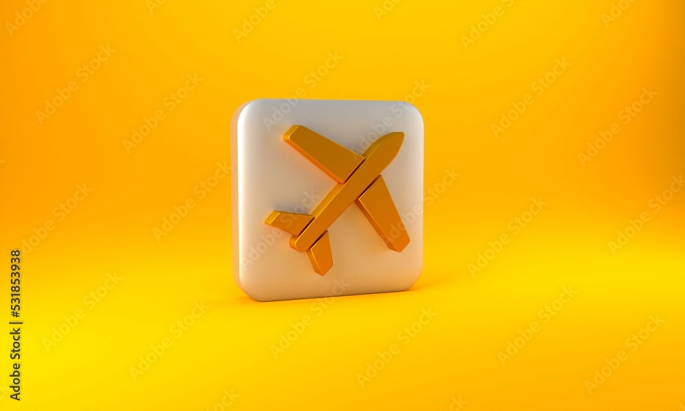 Gold Plane icon isolated on yellow background. Flying airplane icon. Airliner sign. Silver square bu