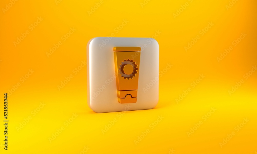 Gold Sunscreen cream in tube icon isolated on yellow background. Protection for the skin from solar 