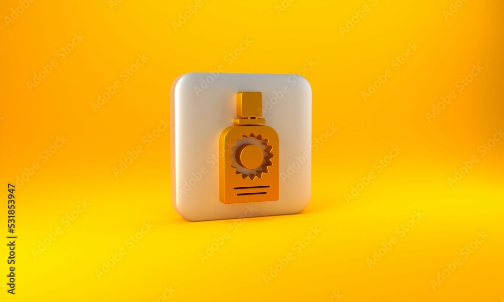 Gold Sunscreen spray bottle icon isolated on yellow background. Protection for the skin from solar u