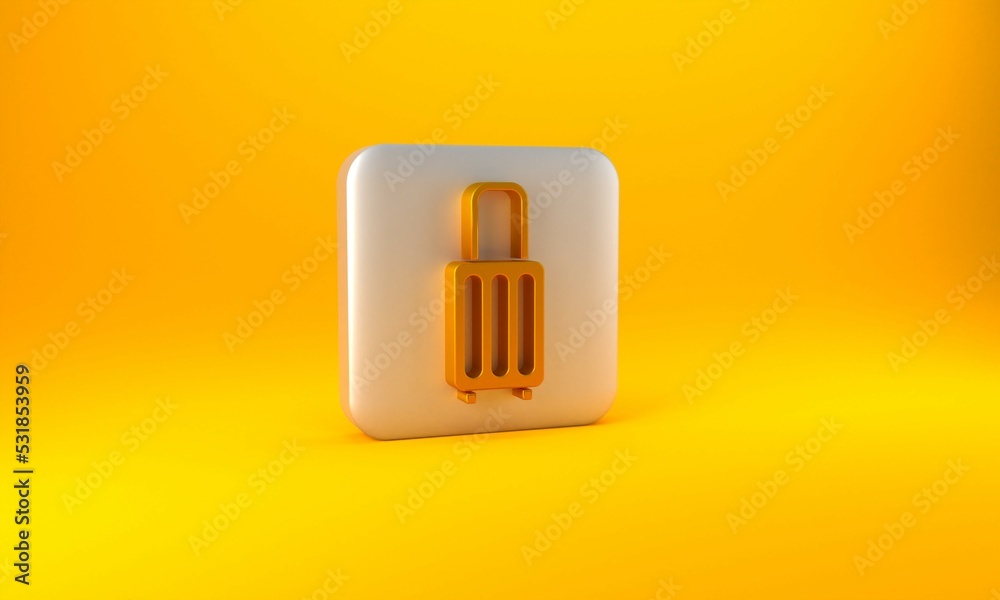 Gold Suitcase for travel icon isolated on yellow background. Traveling baggage sign. Travel luggage 