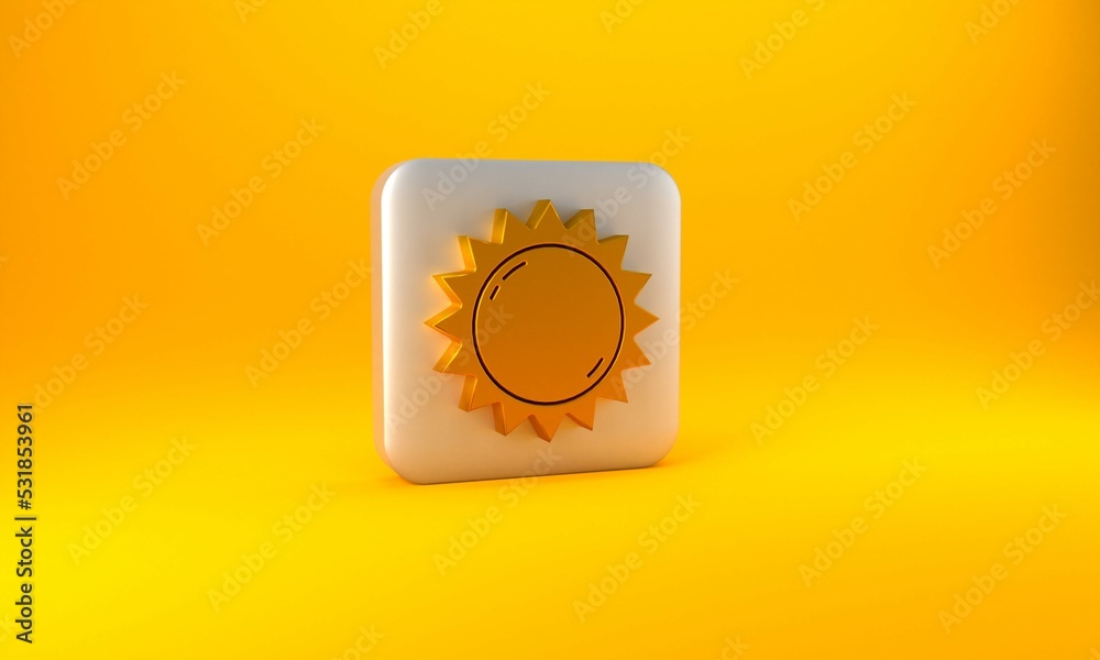 Gold Sun icon isolated on yellow background. Summer symbol. Good sunny day. Silver square button. 3D