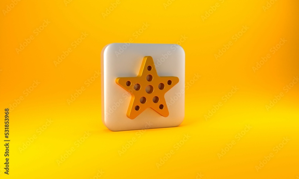 Gold Starfish icon isolated on yellow background. Silver square button. 3D render illustration