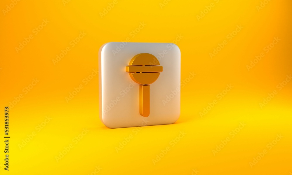 Gold Lollipop icon isolated on yellow background. Food, delicious symbol. Silver square button. 3D r