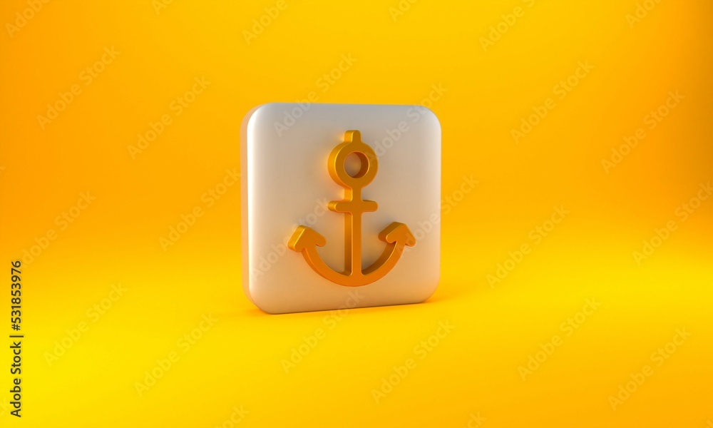 Gold Anchor icon isolated on yellow background. Silver square button. 3D render illustration