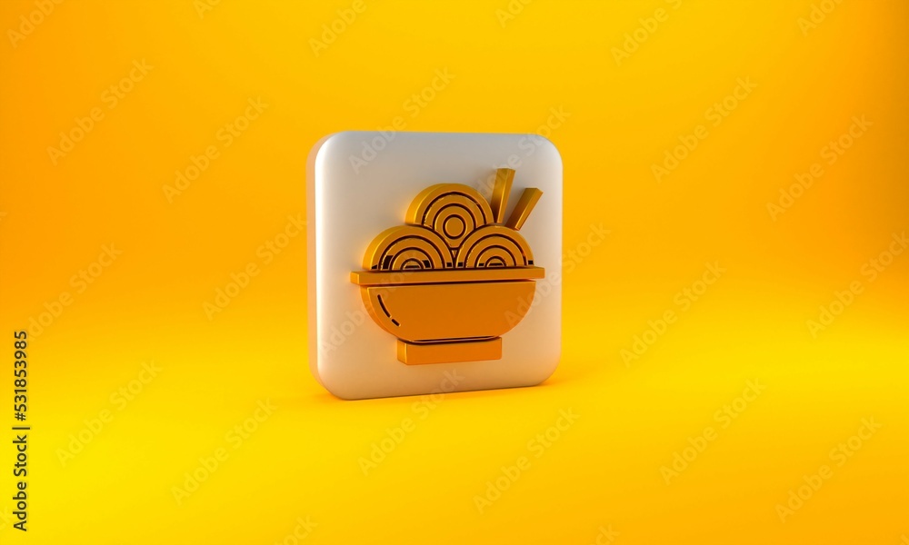 Gold Asian noodles in bowl and chopsticks icon isolated on yellow background. Street fast food. Kore