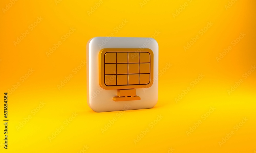 Gold Solar energy panel icon isolated on yellow background. Silver square button. 3D render illustra