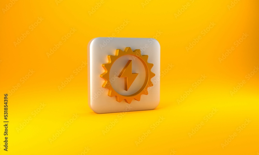 Gold Solar energy panel icon isolated on yellow background. Sun with lightning symbol. Silver square