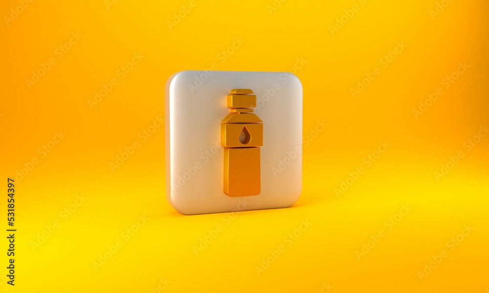 Gold Bottle of water icon isolated on yellow background. Soda aqua drink sign. Silver square button.