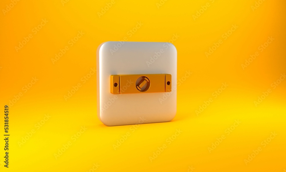 Gold Construction bubble level icon isolated on yellow background. Waterpas, measuring instrument, m