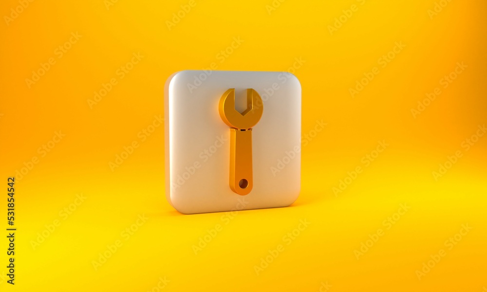 Gold Wrench spanner icon isolated on yellow background. Silver square button. 3D render illustration