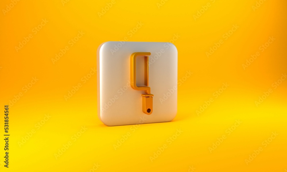 Gold Hacksaw icon isolated on yellow background. Metal saw for wood and metal. Silver square button.