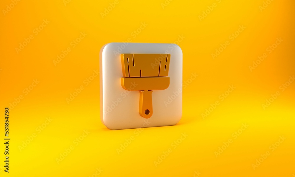 Gold Paint brush icon isolated on yellow background. Silver square button. 3D render illustration