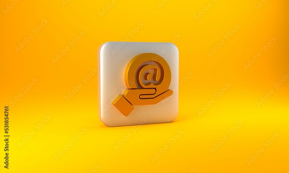 Gold Mail and e-mail in hand icon isolated on yellow background. Envelope symbol e-mail. Email messa