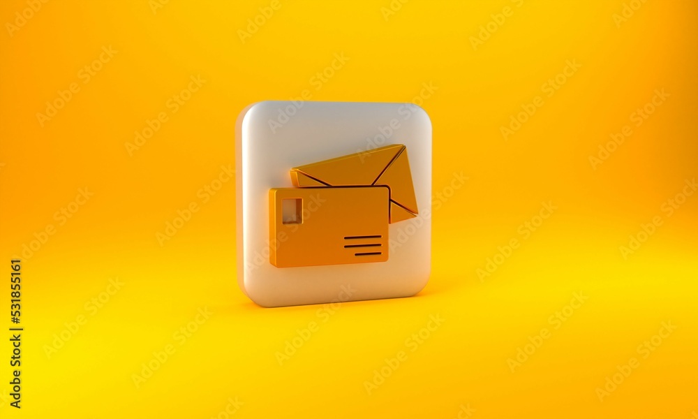 Gold Envelope icon isolated on yellow background. Email message letter symbol. Silver square button.