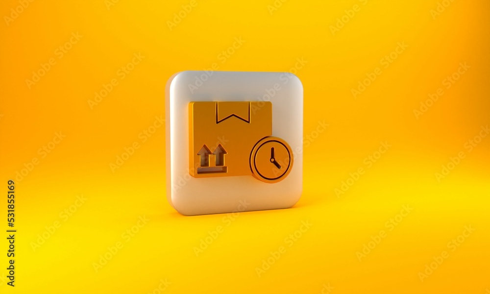 Gold Carton cardboard box and fast time delivery icon isolated on yellow background. Box, package, p