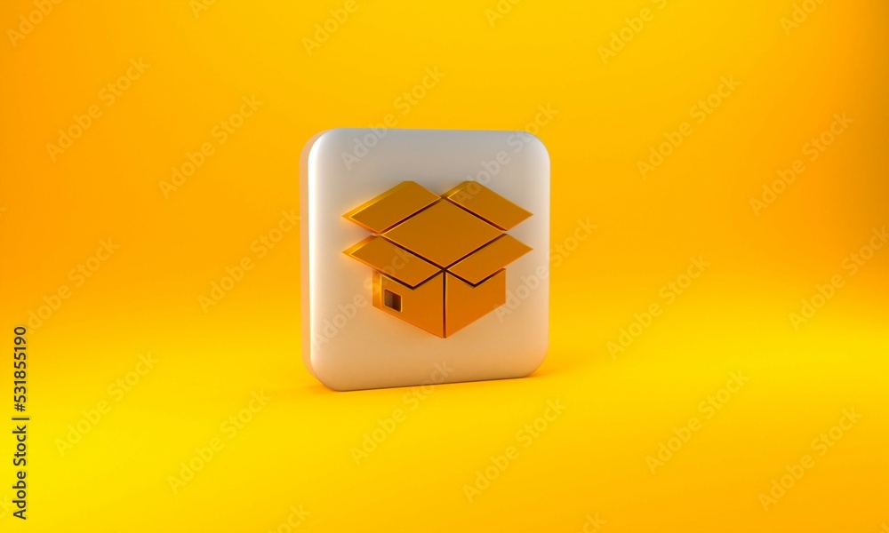 Gold Carton cardboard box icon isolated on yellow background. Box, package, parcel sign. Delivery an