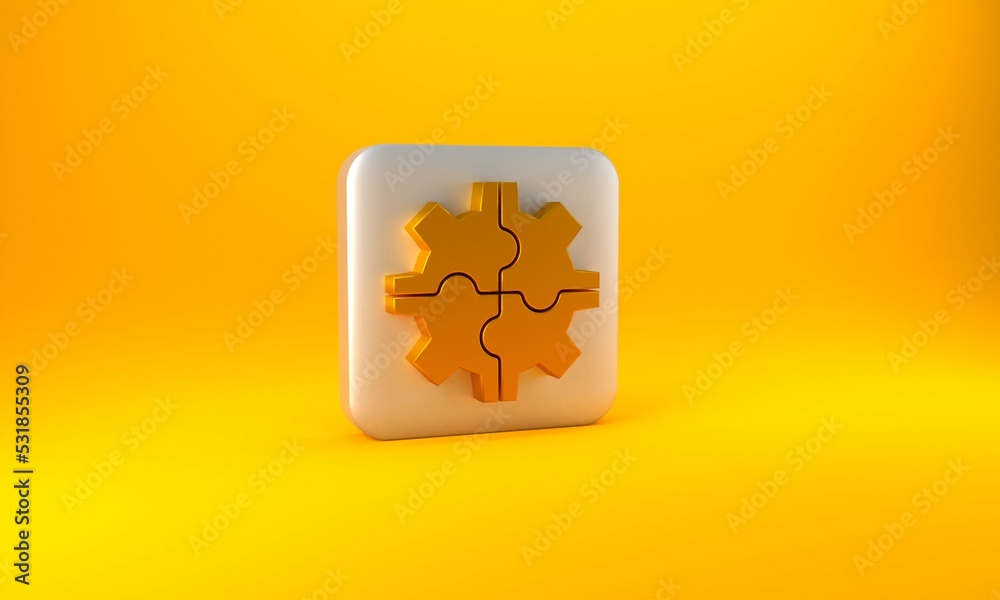 Gold Gear icon isolated on yellow background. Cogwheel gear settings sign. Cog symbol. Silver square