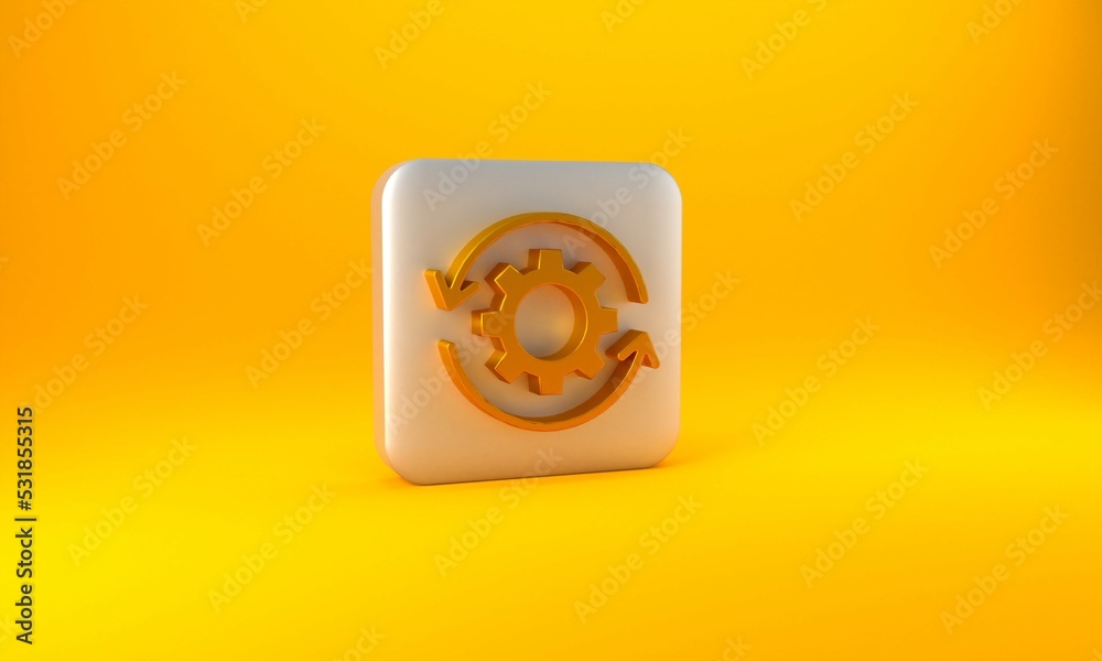 Gold Gear and arrows as workflow concept icon isolated on yellow background. Gear reload sign. Silve