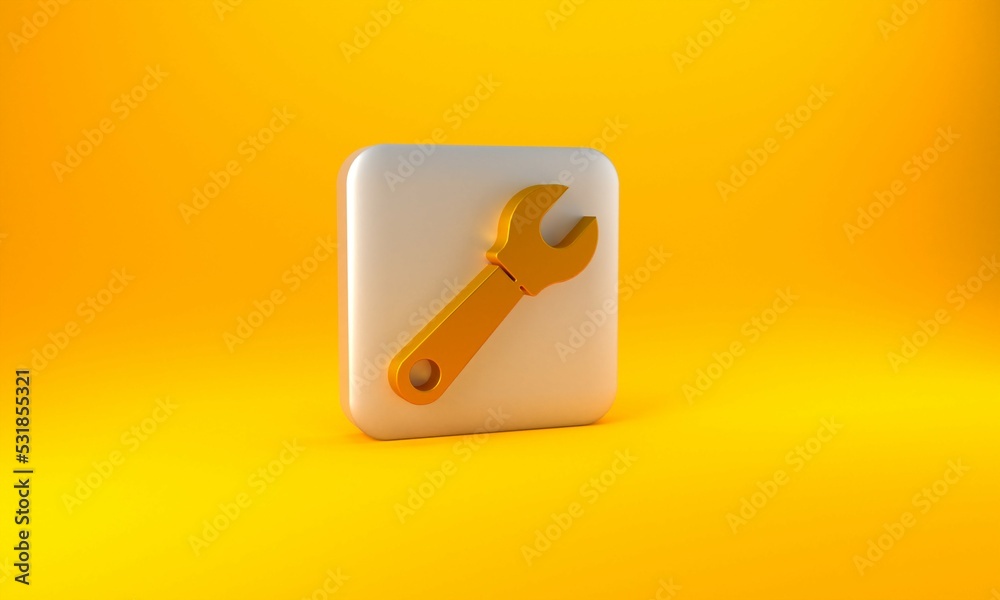 Gold Wrench spanner icon isolated on yellow background. Silver square button. 3D render illustration