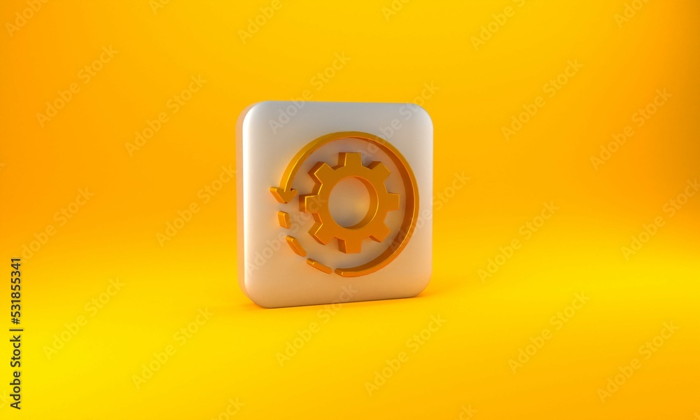 Gold Gear and arrows as workflow concept icon isolated on yellow background. Gear reload sign. Silve