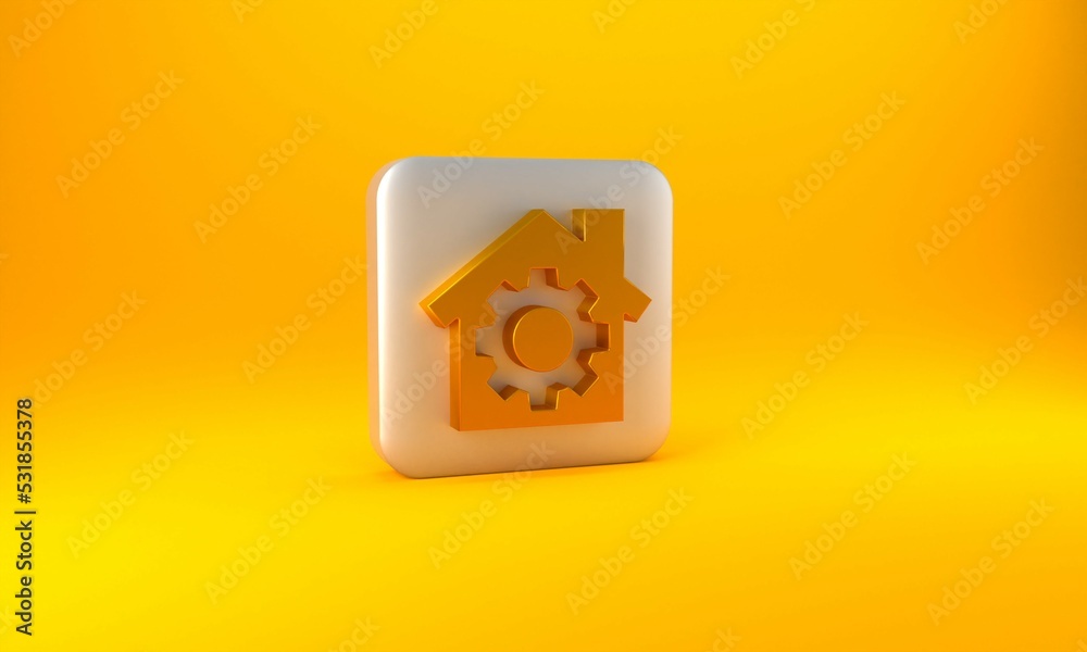 Gold House or home with gear icon isolated on yellow background. Adjusting, service, setting, mainte