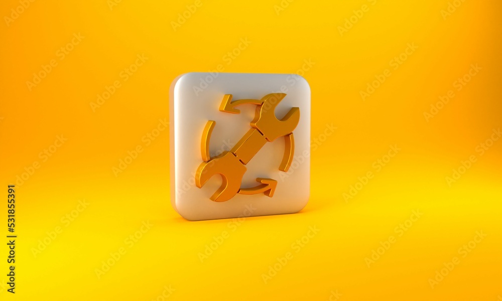 Gold Wrench spanner and arrows as workflow icon isolated on yellow background. Adjusting, service, s