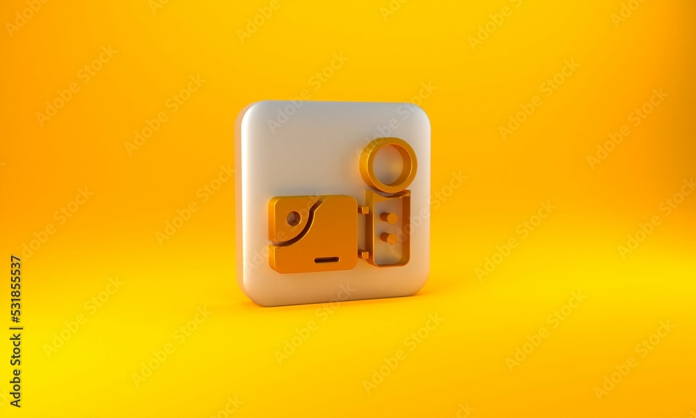 Gold Cinema camera icon isolated on yellow background. Video camera. Movie sign. Film projector. Sil