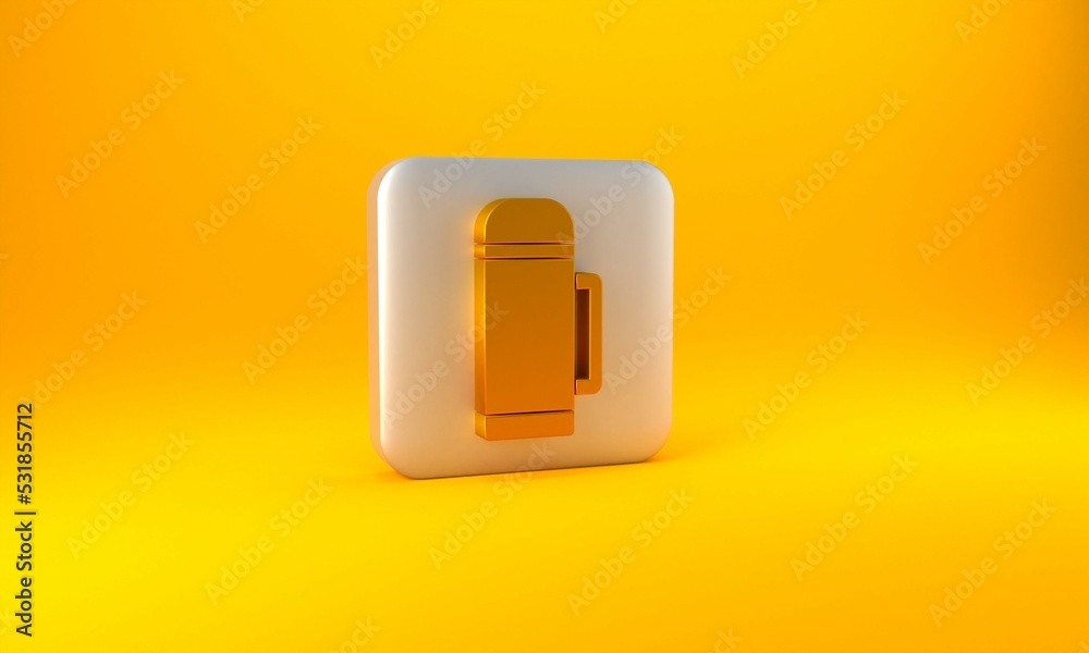 Gold Thermos container icon isolated on yellow background. Thermo flask icon. Camping and hiking equ